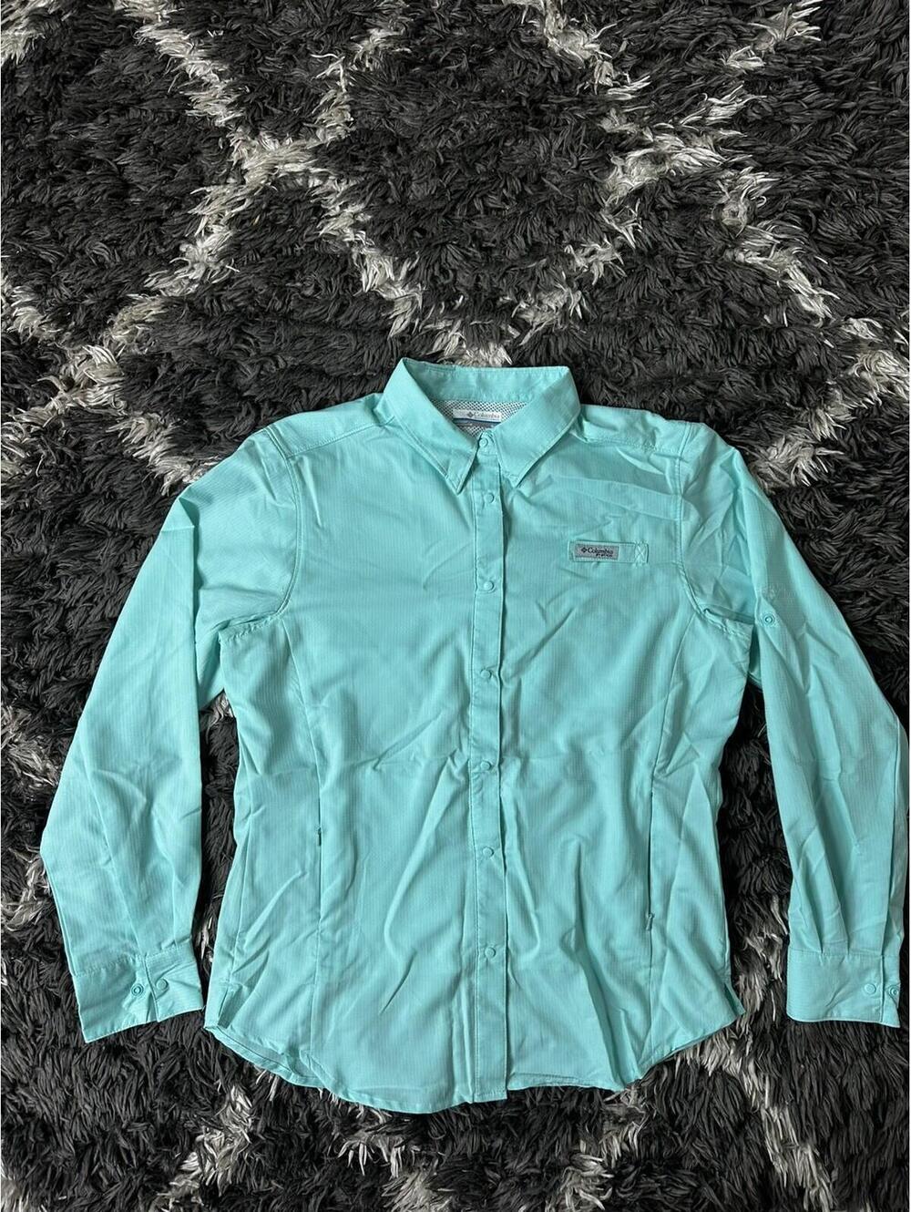 Columbia PFG Womens Medium M Mint Green Long Sleeve Fishing Shirt Vent Roll Tab